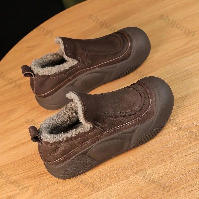 Модные женские зимние плюшевые пушистые теплые сноубутсы повседневные однотонные слипоны на плоской подошве ботильоны женские из искусственной замши на толстой подошве хлопковые туфли