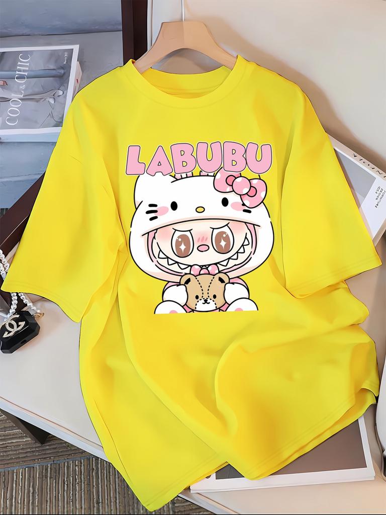 Labubu Cartoon Print Casual T-Shirt, Polyester 100% Crew Neck Short Sleeve Top for Spring/Summer/Fall - Knit Fabric Adult Tee