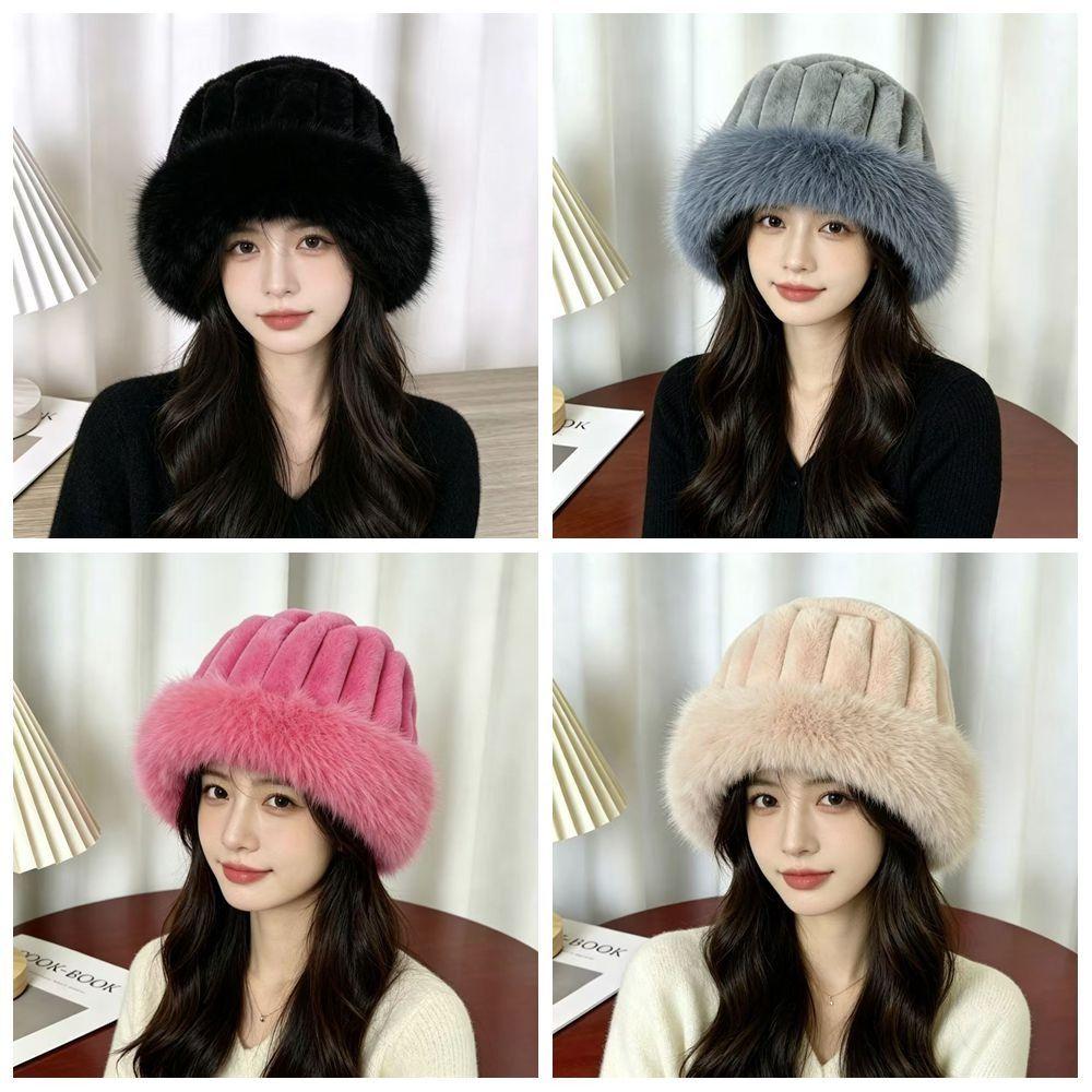 Ribbed Crown Faux Fur Bucket Hat Faux Fur Furry Brim Hat New Plush Cloche Cap Daily Outfits