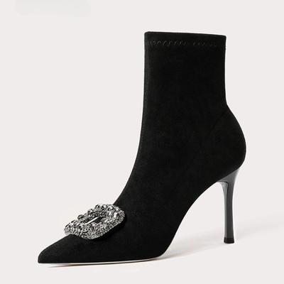 Ботильоны на тонком каблуке со стразами, осенние новинки, замшевый рукав с острым носком, нескользящие, против шортхола