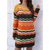 Women's Autumn and Winter Rainbow Pattern Woven Patchwork Stripe Pullover Sweater Dress