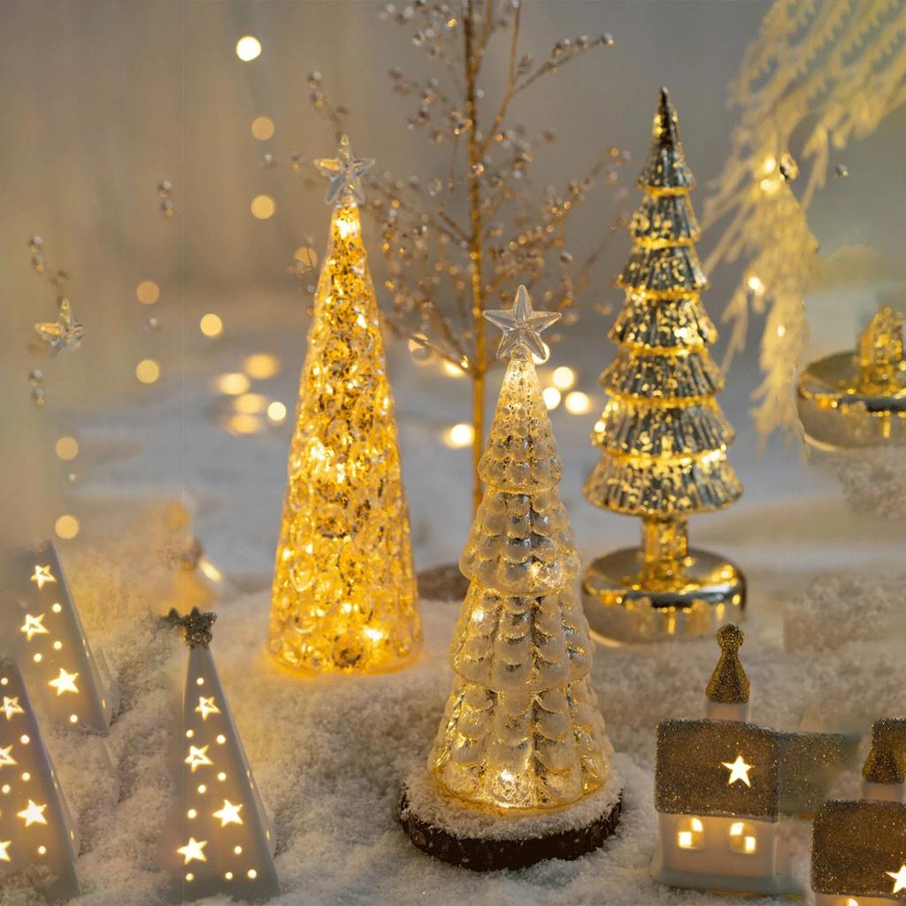 Светящаяся стеклянная рождественская елка, фигурка елки из потрескавшегося стекла с подсветкой для праздничного украшения центра стола