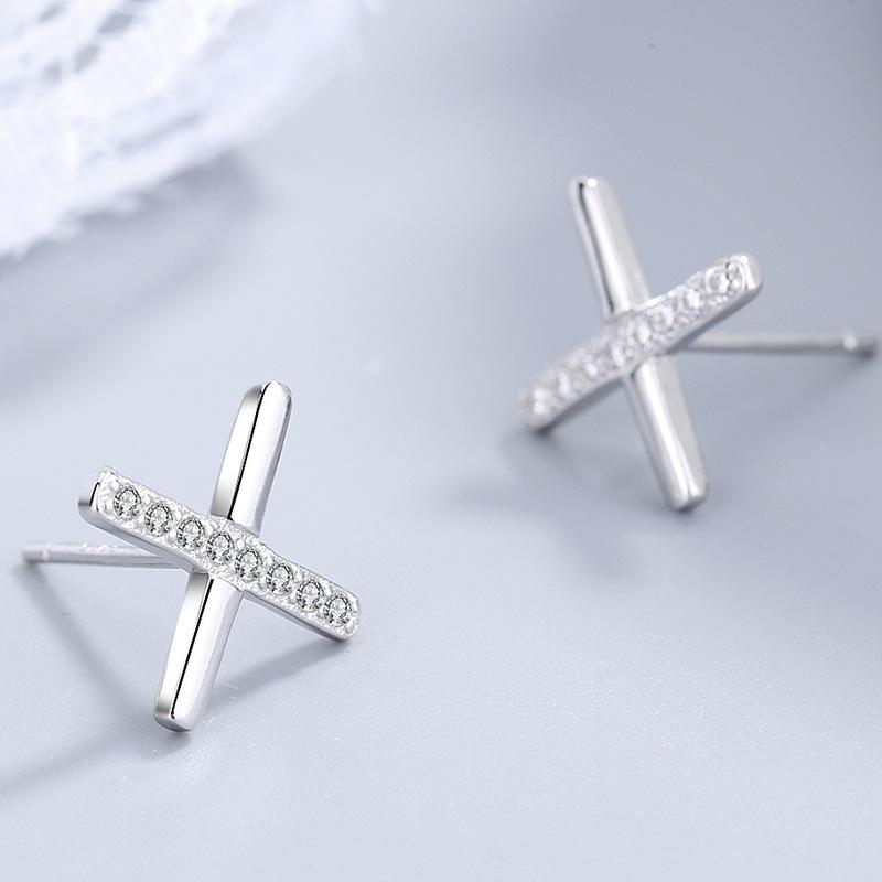 Серьги-гвоздики из стерлингового серебра S925 с бриллиантами в форме буквы X, модные серьги в корейском стиле