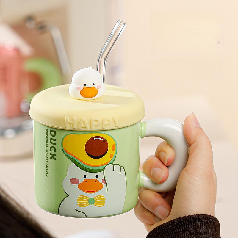 Mug with Lid Straw Cup Cute Little Duck Ceramic Cup Couple Water Cup Creative Souvenir Cup Coffee Cup