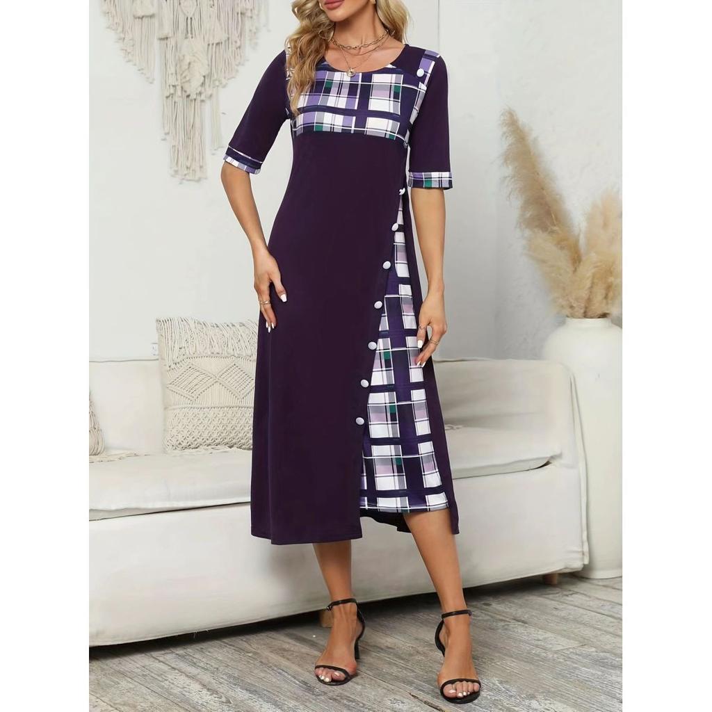 Женское винтажное длинное платье больших размеров со средним рукавом и круглым вырезом с принтом