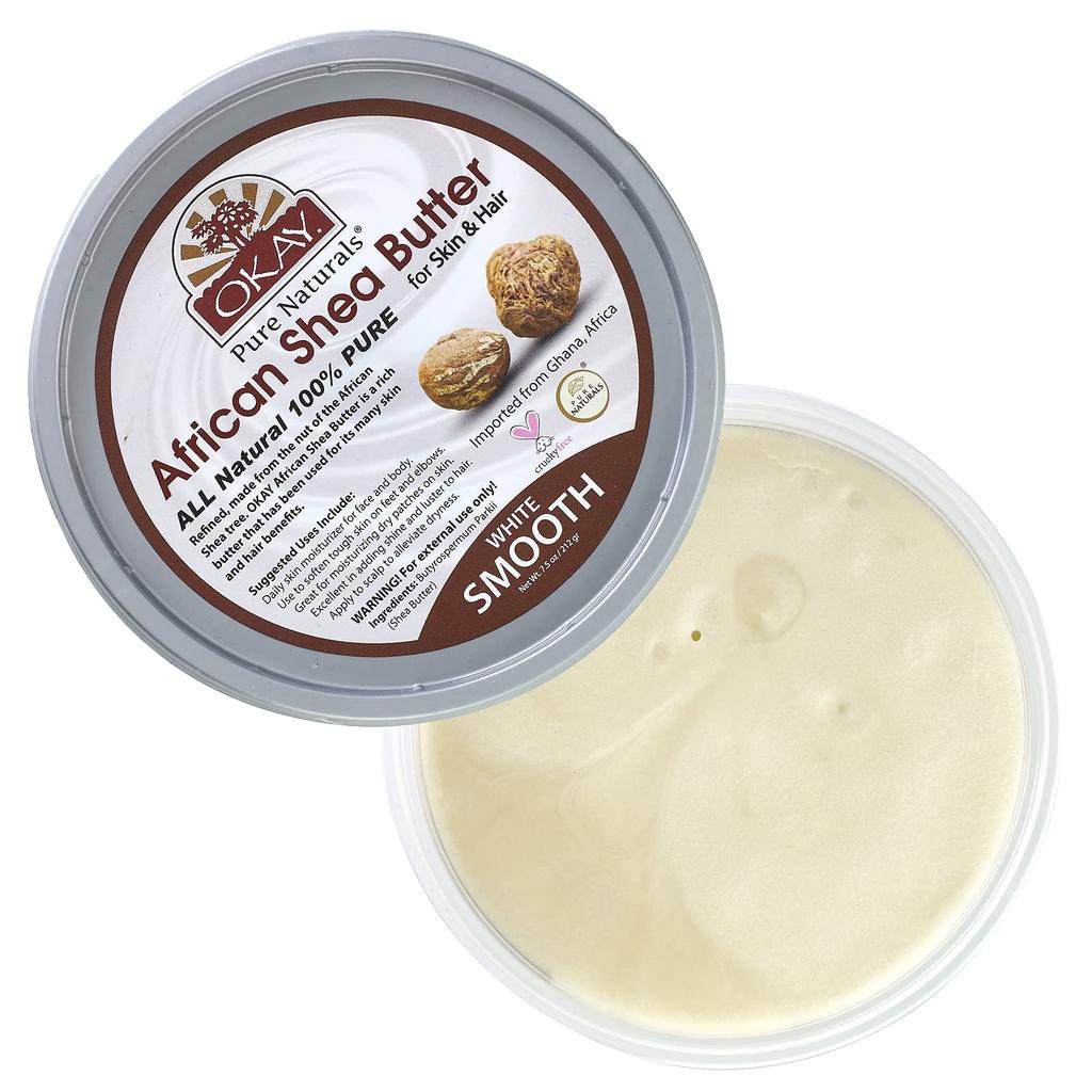Okay Pure Naturals African Shea Butter, Skin and Hair, White Smooth, 7.5 Oz (212 G)