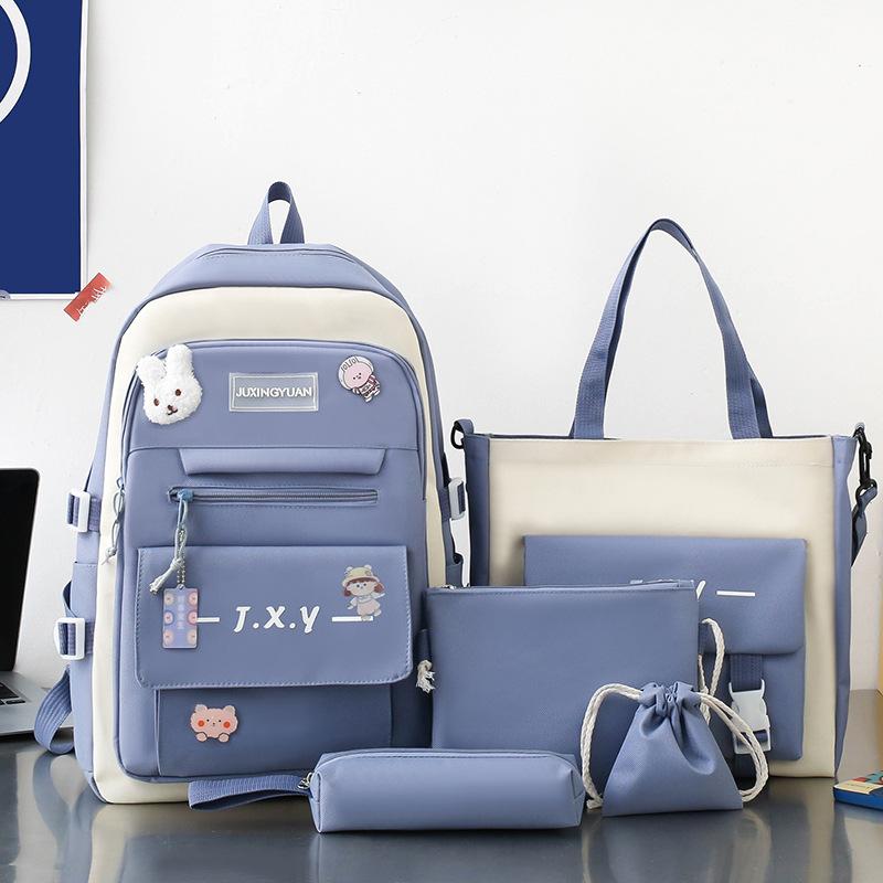 School Bag, Primary School, Junior High School, Multi-functional School Bag, Women's Large-capacity Backpack, Five-piece Set of Spine Protection