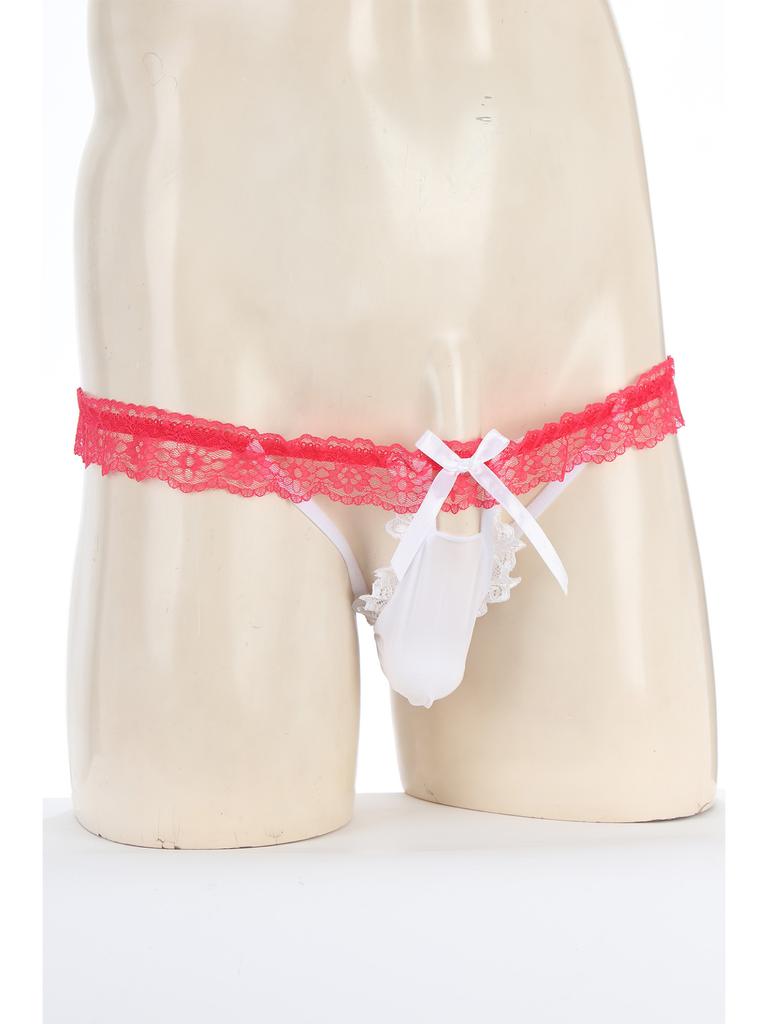 Mens Floral Lace Elastic Waistband Thong Sissy Underwear Contrast Color Bowknot Bulge Pouch G-string Cutout T-back