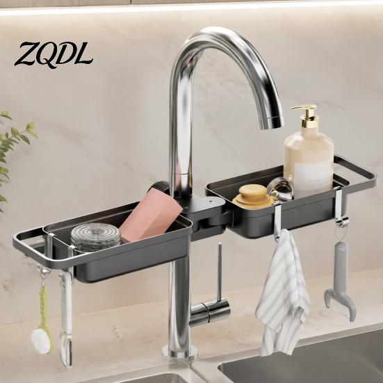 Kitchen Cleaning Tool Holder Faucet Double Storage Rack, Adjustable Partitioned Space Saving No Drill Sink Organizer Drain Sponge Holder, Quick