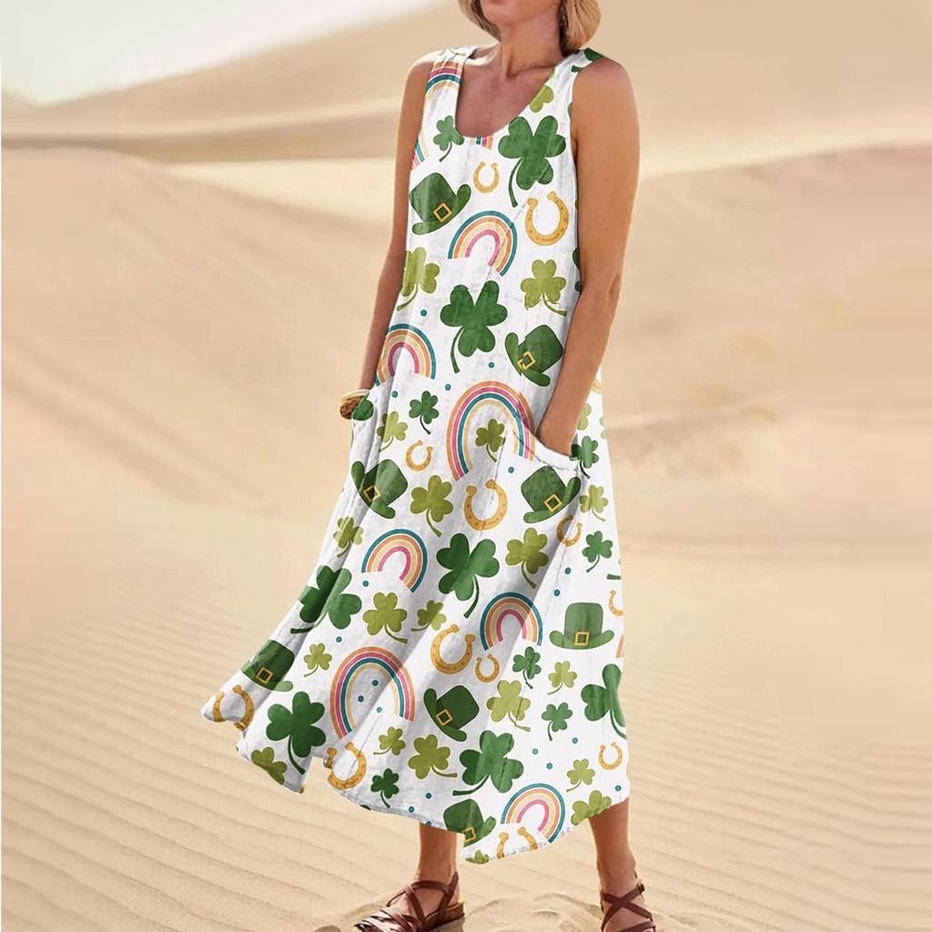 Women's Casual Comfort St. Patrick's Day Printed Sleeveless Pocket Dress