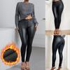 Plus Size Button Fly Thermal Lined Women's Sexy PU Black Leather Pants Leggings High-Stretch Cropped  Daily Wear