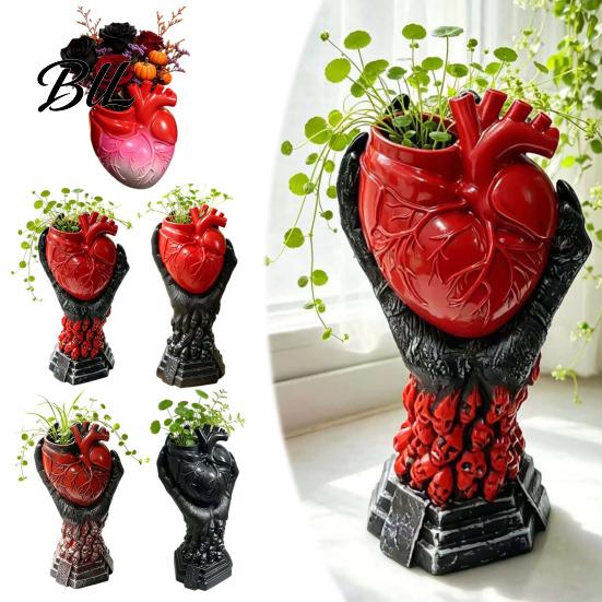 Halloween Home Decor Hand Holding Human Heart Organ Vase, Gothic Anatomical Shaped Creative Dried Flower Holder Spooky Desktop Pot for Living