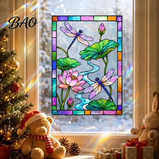 Lotus Dragonfly Pattern Film Stained Glass Style Window Cling, Rainbow Suncatcher Static Decorative for Doors Decal, Privacy Home Door Balcony