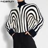 Men High Neck Long Sleeve Striped T-Shirts Casual Patchwork Tops