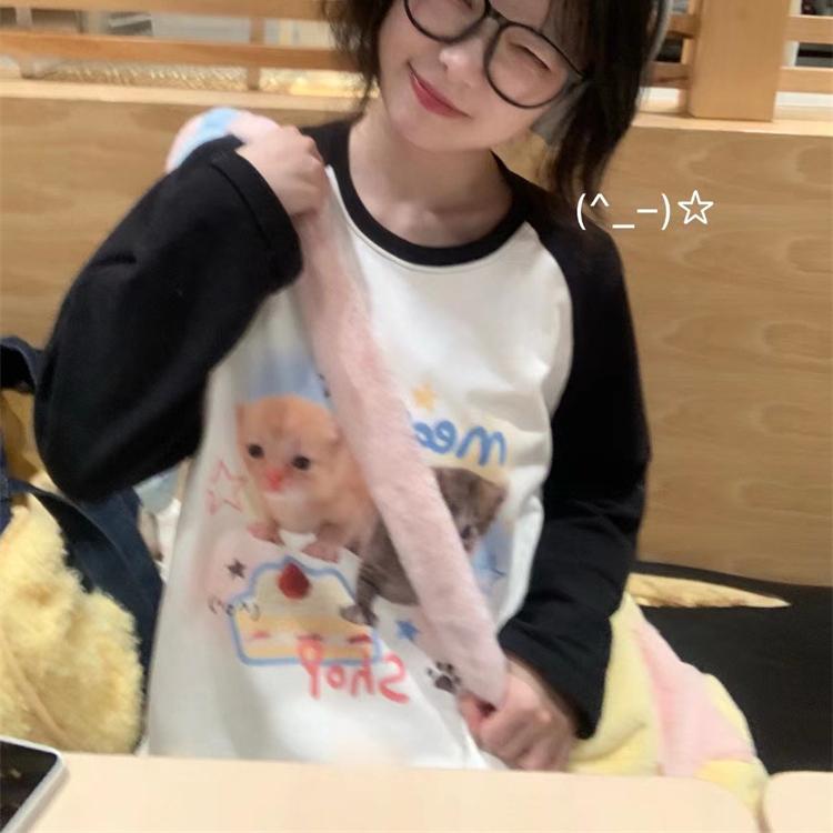 Весенне-осенняя футболка с американским ретро-мультяшным принтом, женские футболки Harajuku с длинным рукавом и круглым вырезом, повседневная футболка большого размера, женские черные топы y2k, уличная одежда