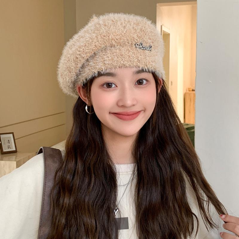 Новинка сезона, женская шапка с инкрустированными бриллиантами, вязаный шерстяной берет с алфавитом, зимняя теплая шапка-тыква Tide