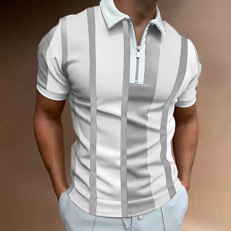 Slim Fit Striped Short-sleeve Polo, Half-zip, Casual Style