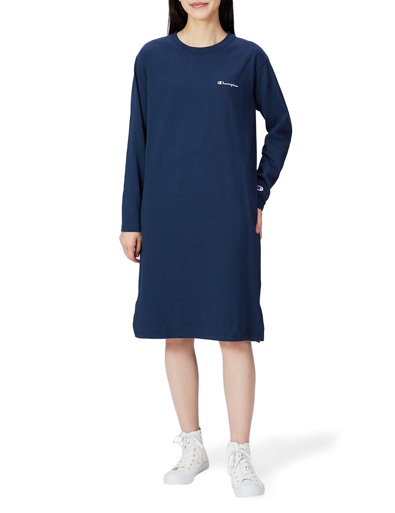 One Piece Long Sleeve Round Neck Cotton Script Logo One Piece Dress Navy M [Champion] 100% CW-W401 Women's