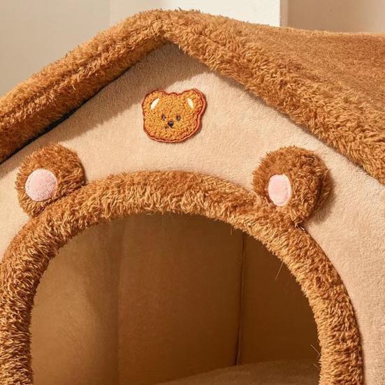 Кровать-пещера для домашних животных со съемной подушкой-подушкой в виде мультяшного медведя, закрытый домик для кошек, собак, котят, щенков, зимнее теплое плюшевое гнездо для сна, товары для животных