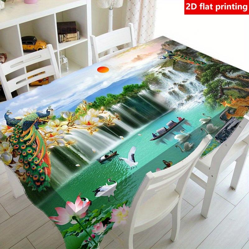 2D Flat Printing, 1pc Charming Natural Landscape Printed Tablecloth, Durable Polyester, Flat Print with Waterfall, Peacock, and for Lotus Patterns, Su