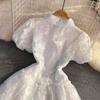Summer High Quality Women White Mesh Embroidery Flower Party Dress Sweet Girls Puff Sleeve Ruffles Princess Cake Dresses