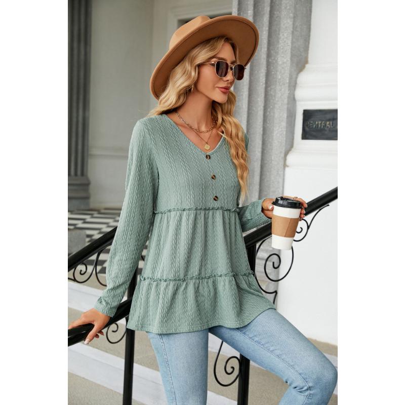 Весенне-осенняя женская блузка с v-образным вырезом, однотонная, на пуговицах, в стиле пэчворк, свободный топ с длинными рукавами