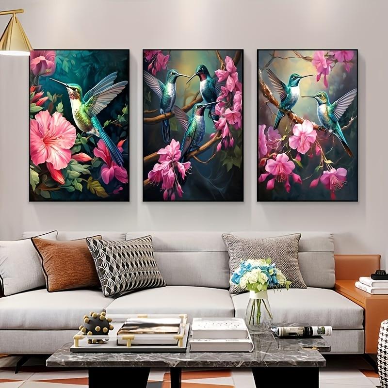 Modern Glam Frameless Hummingbird Bird Animal Print Wall Hanging Decor Pink Flowers for Living Room, Wall Decor, No Frame