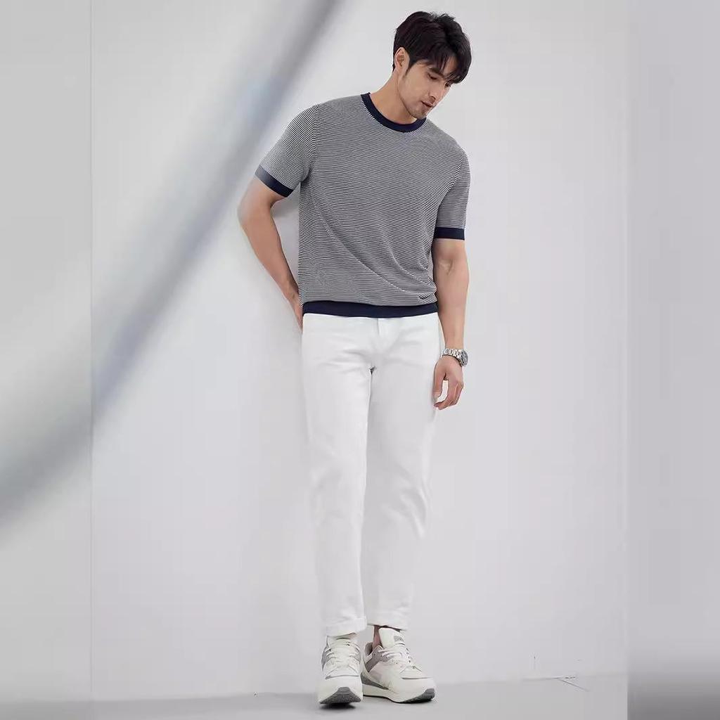 Мужское полосатое поло 2024 года: Трикотажная футболка с коротким рукавом и универсальным круглым вырезом