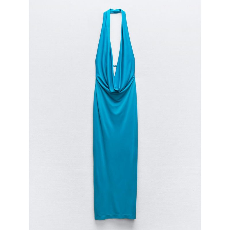 Za2024 Summer New Product Women's Clothes Sexy Open Back Ruched Hanging Collar Dress Long Skirt 3152242 800