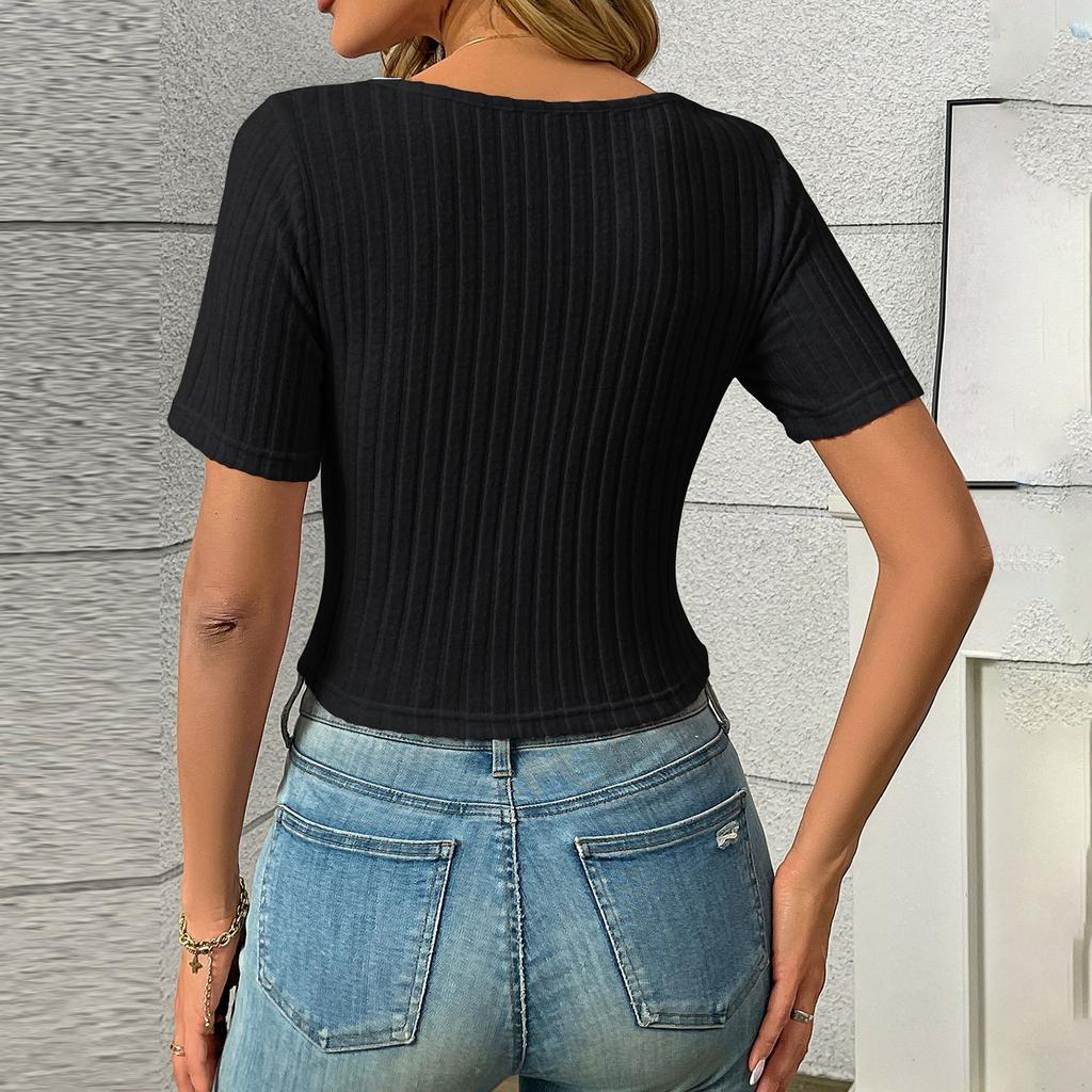 Женская мода однотонный V-образный вырез плиссированный шнурок сексуальный короткий рукав топ