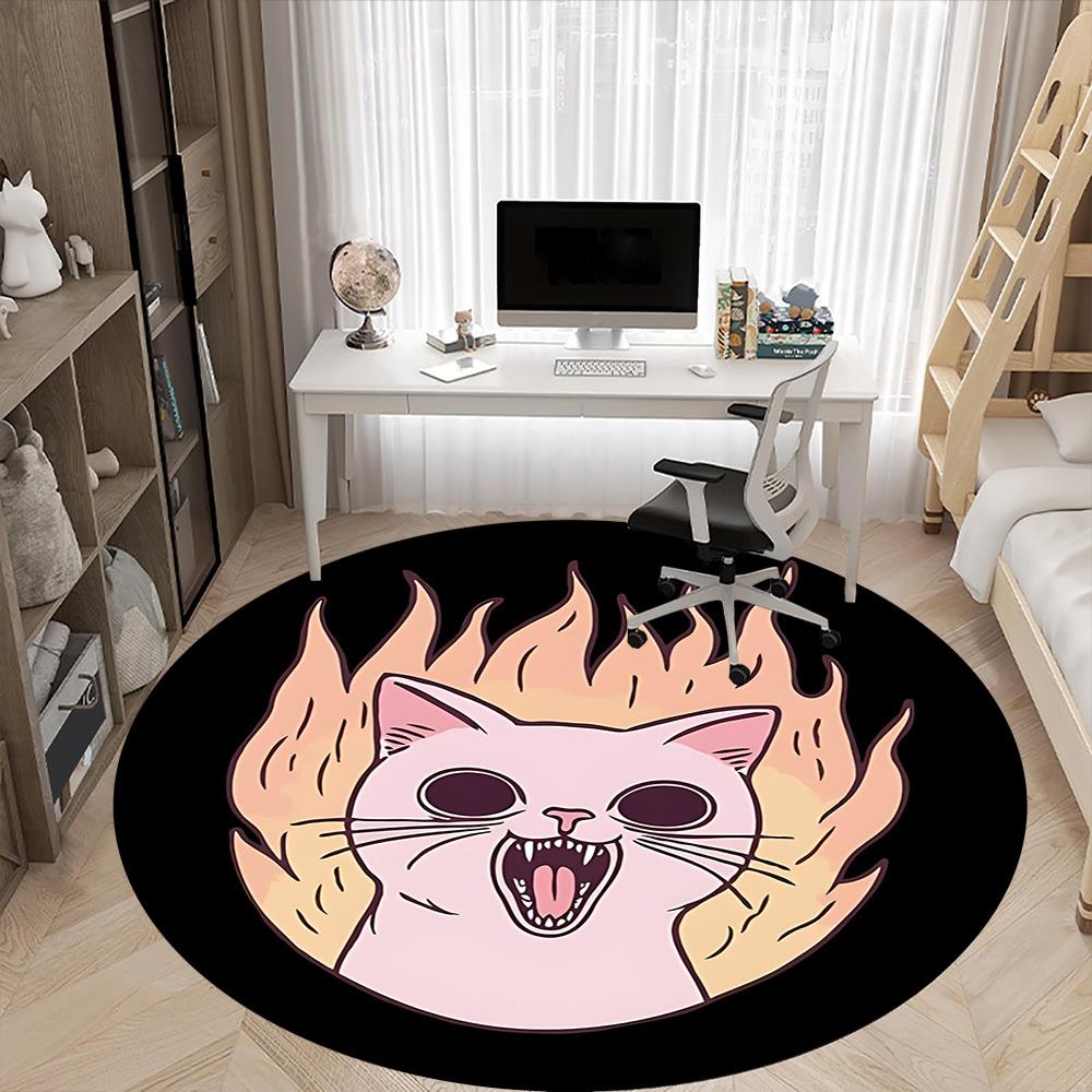 1pc Flaming Cat Office Round Area Rug,  Mat Suitable For Office, Under Office Chairs Bedroom Living Room Home Decor, Room Deco