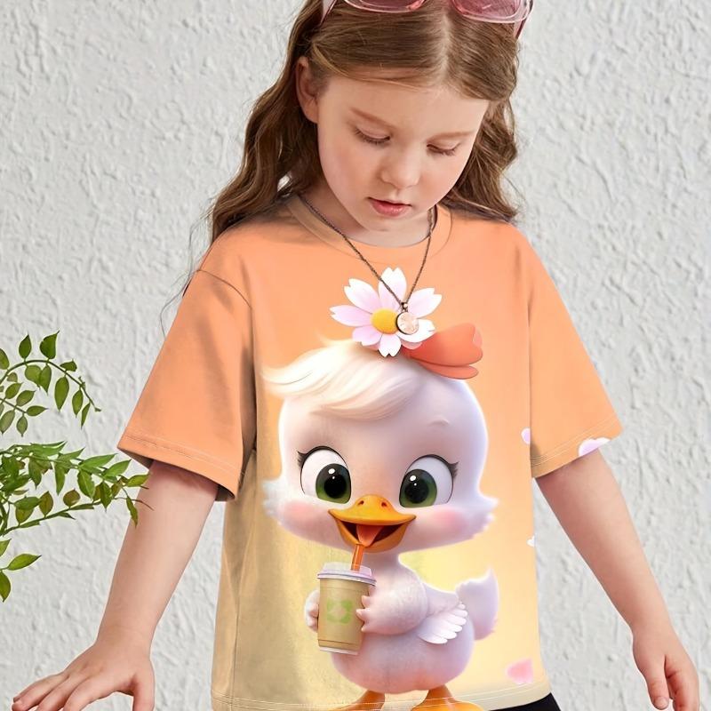 Детская одежда Одежда для девочек Футболка с коротким рукавом для девочек с принтом животных из мультфильмов Повседневная футболка с круглым вырезом для девочек Летняя детская одежда
