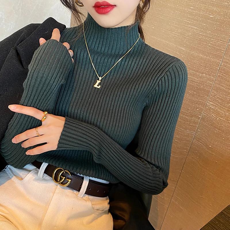Твердые тонкие свитера, женские вязаные пуловеры, верхняя одежда с высоким воротом и длинными рукавами, джемперы