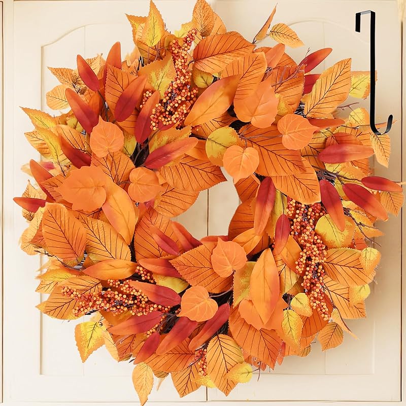 Fall Front Door Decor, 12 Inch Fall Wreaths for Front Door, 3D Wooden Fall Door Sign Hanging Pumpkin Maple Leaf Wreath with Autumn Sign for Harvest