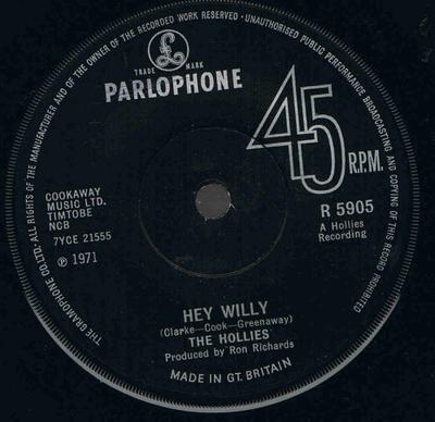 7-дюймовая пластинка HOLLIES - Hey Willy R5905 Parlophone 1971 UK Рок Б/У