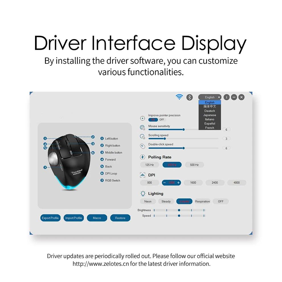 Беспроводная трекбольная мышь 2,4G RGB, эргономичная перезаряжаемая мышь-роллер, 3 подключения устройств, управление большим пальцем для ПК iPad