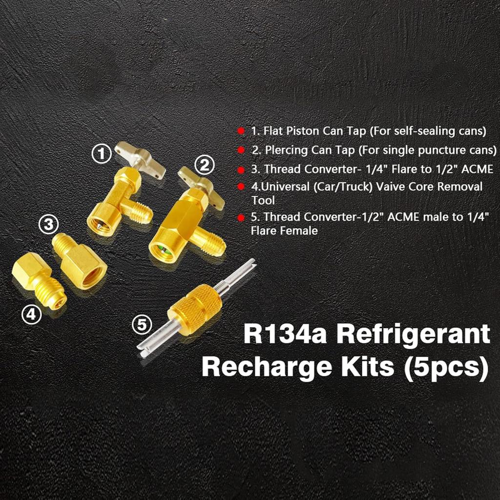 R134a Adapter Fitting Kit Refrigerant Self-Sealing & Puncture Style Can Valve Adapter- AC Freon Self Sealing Tap Fitting with Brass Convert & Core