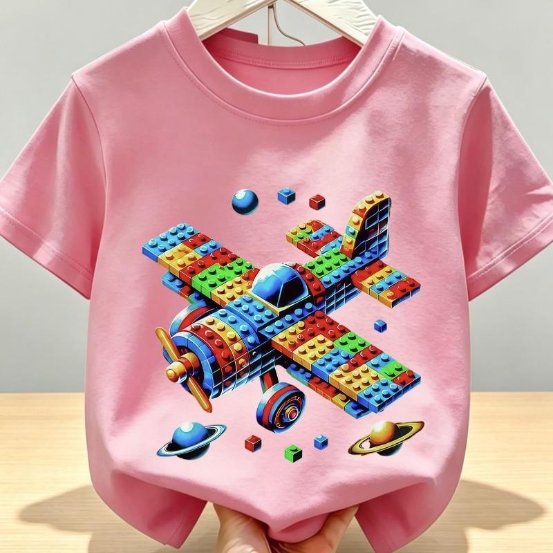 Kids Summer Crew Neck Short Sleeve T-Shirt with Colorful Building Block Airplane Print