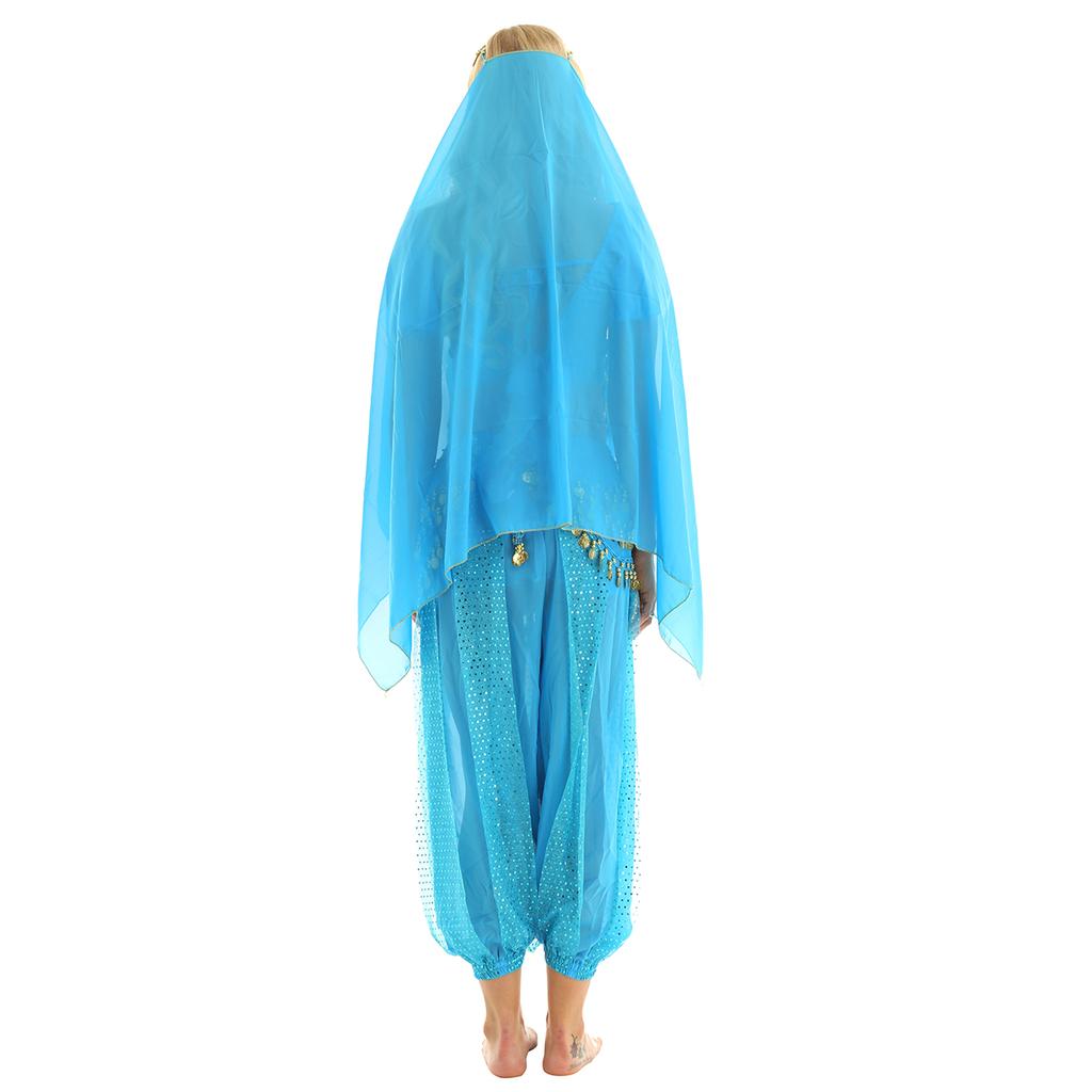 Womens Belly Dance Outfit Halloween Carnival Costume Short Puff Sleeve Sequin Crop Top Harem Pants Hip Scarf Headscarf