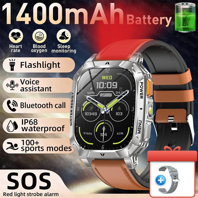 Rugged Outdoor Smart Watch 1400mAh 2.01" HD Screen Bluetooth Call GPS IP68 Waterproof Flashlight SOS Fitness Watch for Men