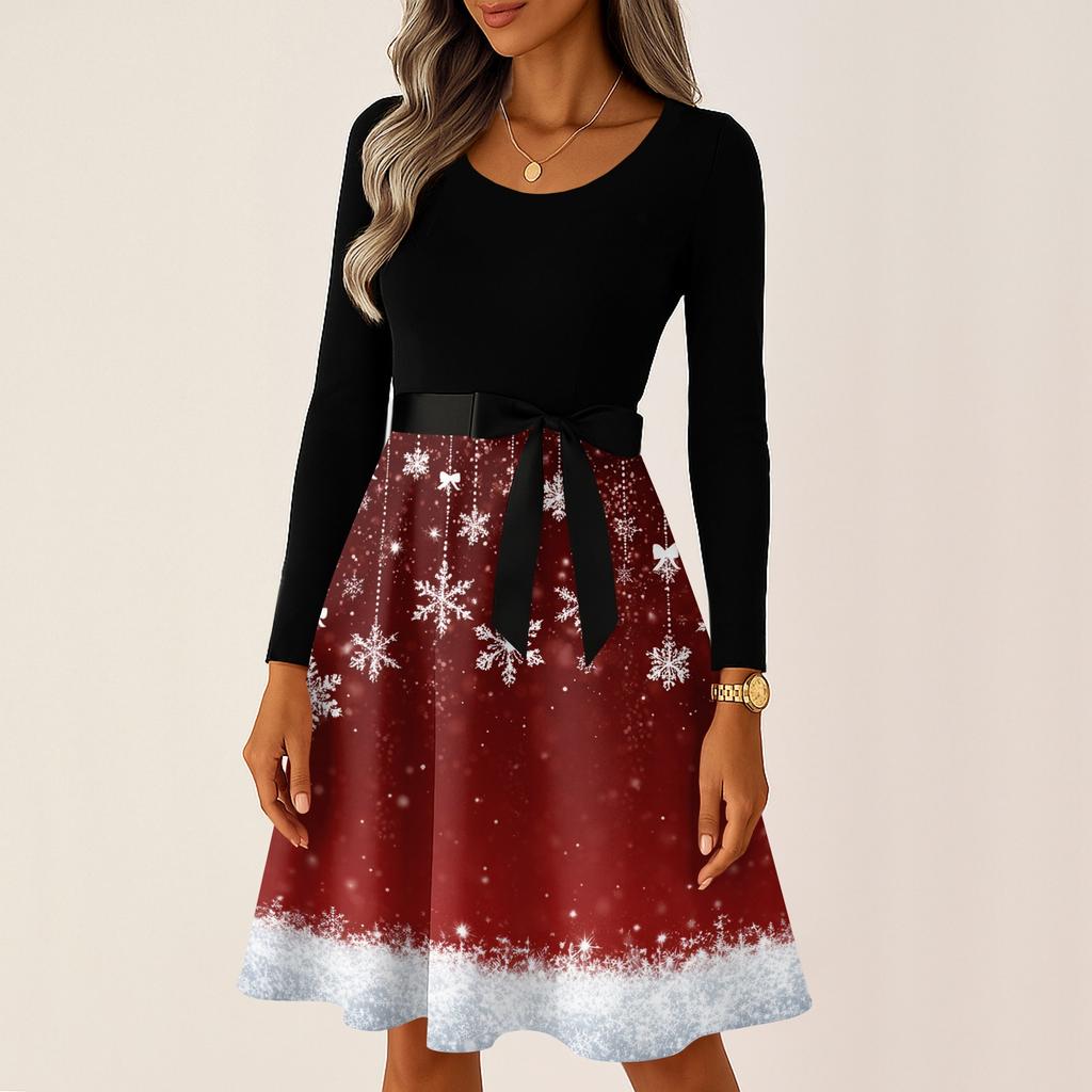 Women's Casual Fashion Long Sleeve Christmas Graphic Printed Vintage Long Dresses