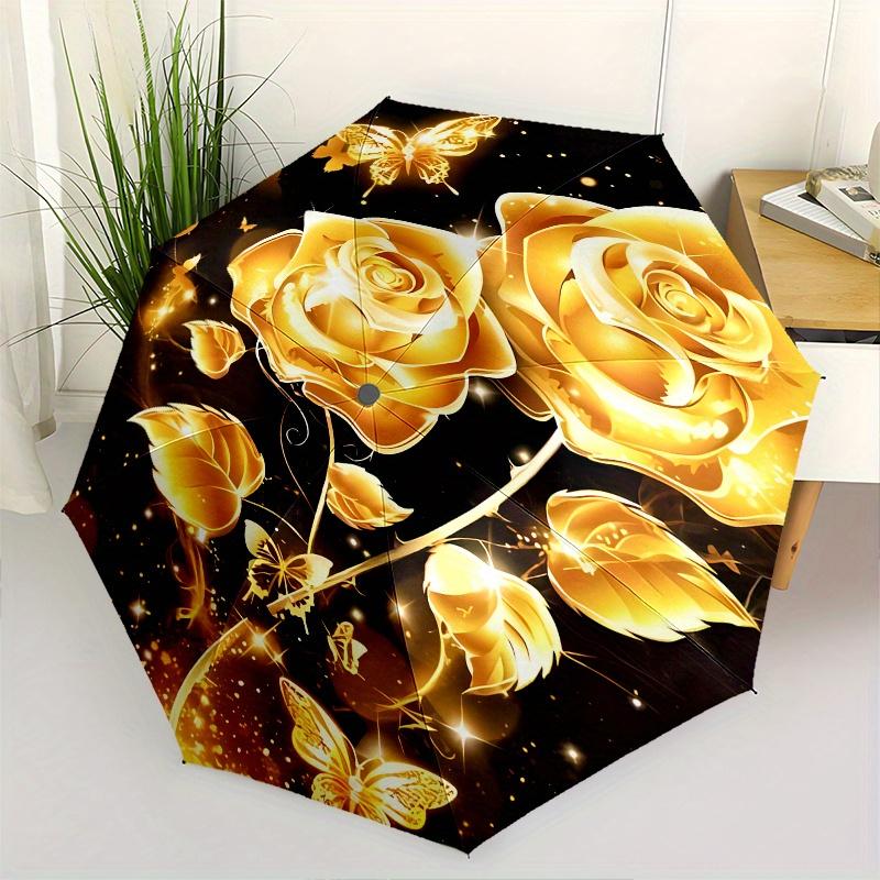 Golden Roses Butterflies Theme 8 Bone Hand Automatic Folding Umbrella, Compact and Portable Design, A Perfect Gift for Birthday, Christmas o