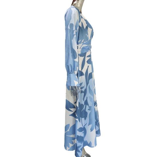 Ladies Dress Long Lantern Sleeve Deep V Neck High Waist Contrast Color Flower Print Big Hem Prom Banquet Cocktail Maxi Dress