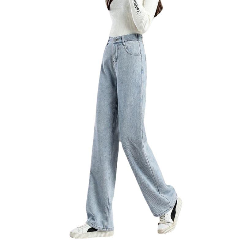 Thick High Waisted Drooping Casual Wide Leg Jeans for Women with Plush Insulation Loose Fitting Straight Leg Mop for Outerwear Winter Pants