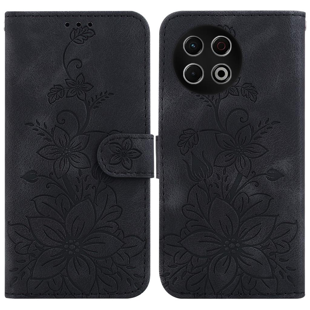 For TECNO Spark 30 Pro 4G Stand Case Lily Flower Imprint Leather Phone Cover with Wrist Strap