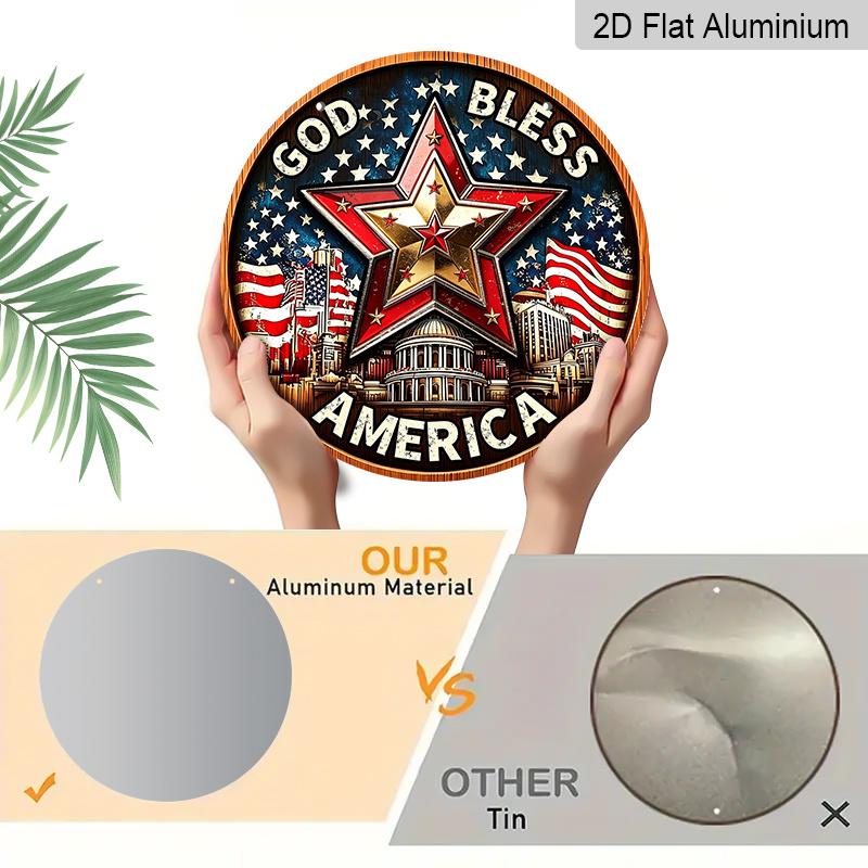 2D Flat Retro Round Aluminum Wall Hanging, Independence Day Five-pointed Star Design, Indoor Outdoor Wall Decor, Home Commemorative Gift