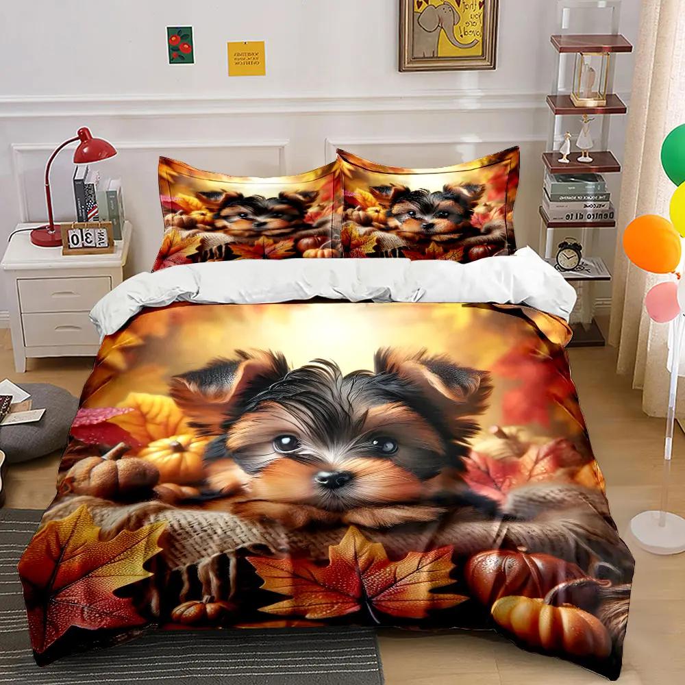 "Autumn Dog Decor Set" Multiple sizes kid's and adults' bedroom Exquisite 3PC bedding set, gift