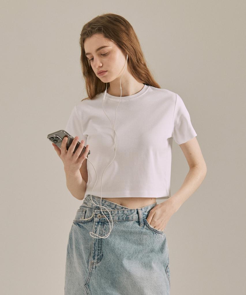 BASIC HOUSE Women'S Round Cropped Short Sleeve T-Shirt White Lats0202