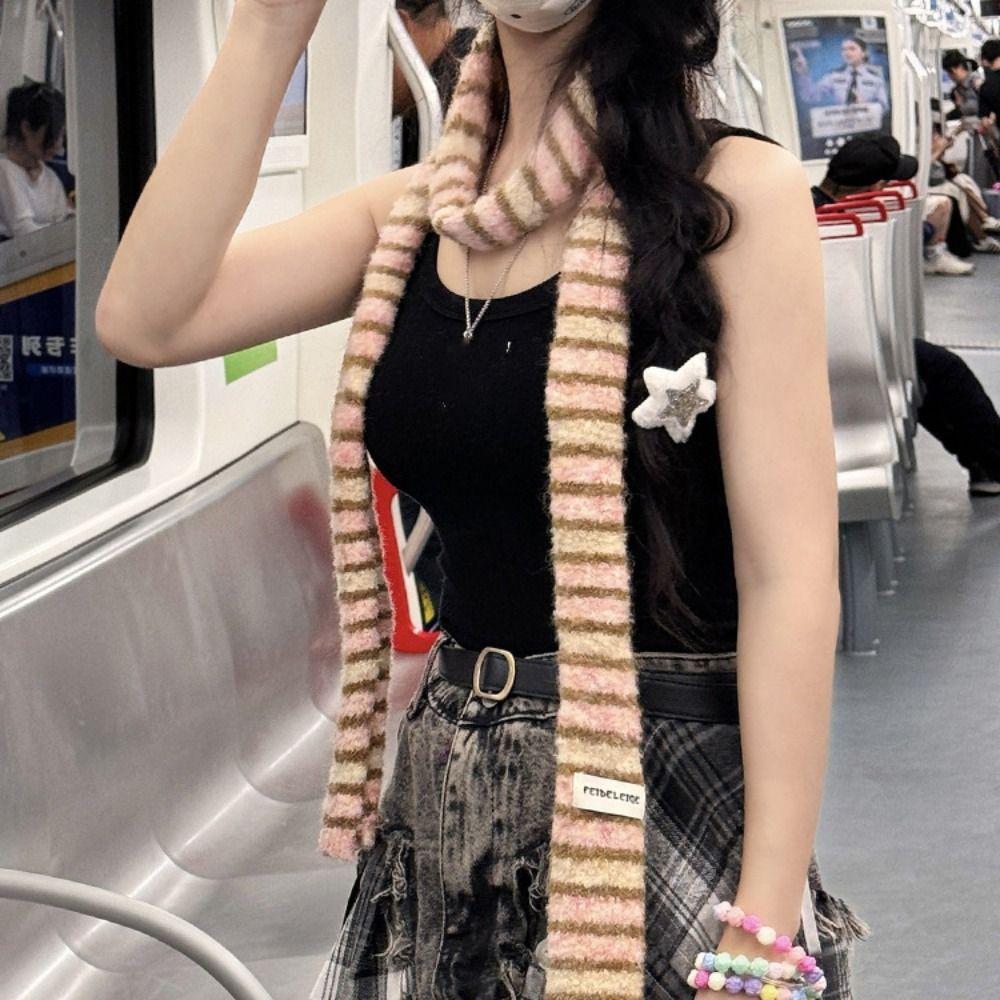 Стиль Y2K Y2K Полосатый шарф Харадзюку Вязаная шаль Милые длинные узкие шарфы Женские