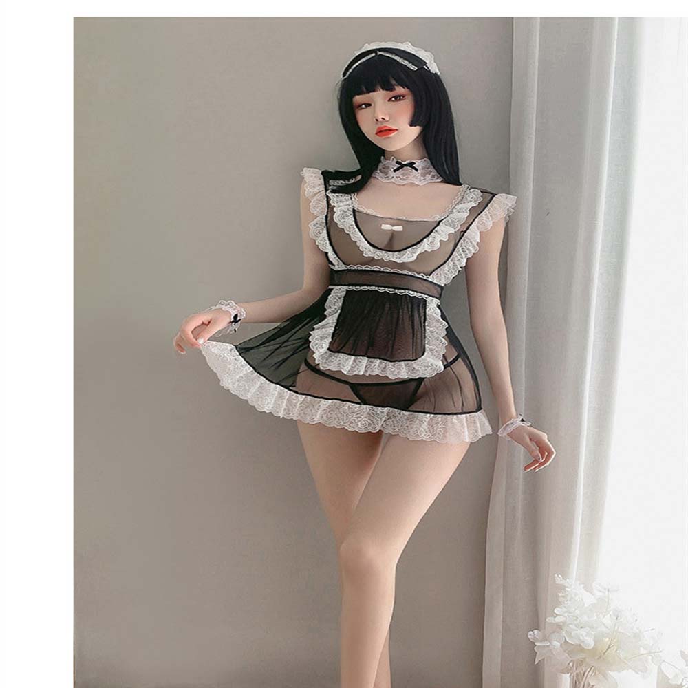 Sexy Lingerie Cosplay Erotic Apron Maid Sexy Costume Transparent Babydoll Dress Women See-Through Black Lace Miniskirt Outfit
